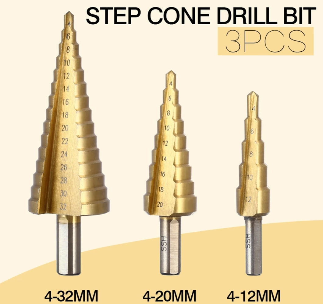 3Pcs/lot Professional HSS Steel Large Step Cone Hex Shank Coated Metal Drill Bit Cut Tool Set